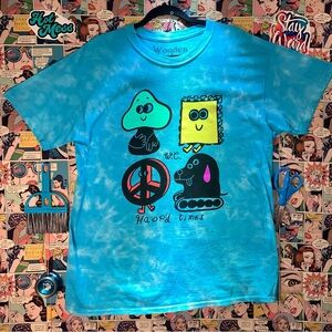 Wooden Cyclops 2021 Happy Times Tie Dye Tee L Blue Mushroom Dog Peace